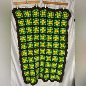 Vtg Handmade Granny Square Crochet Wool Blanket Afghan Brown Green Yellow 32x49